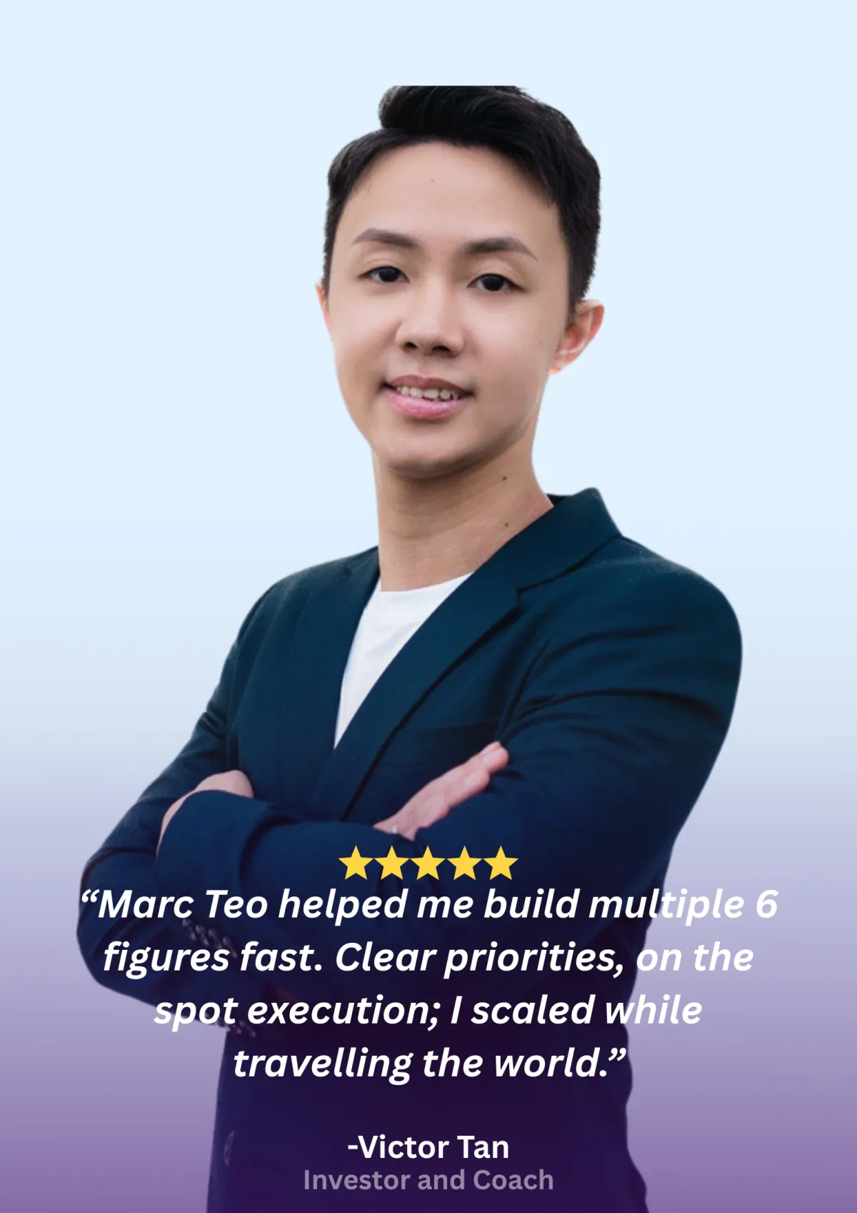 Client testimonial card with headshot, five star rating and pull quote