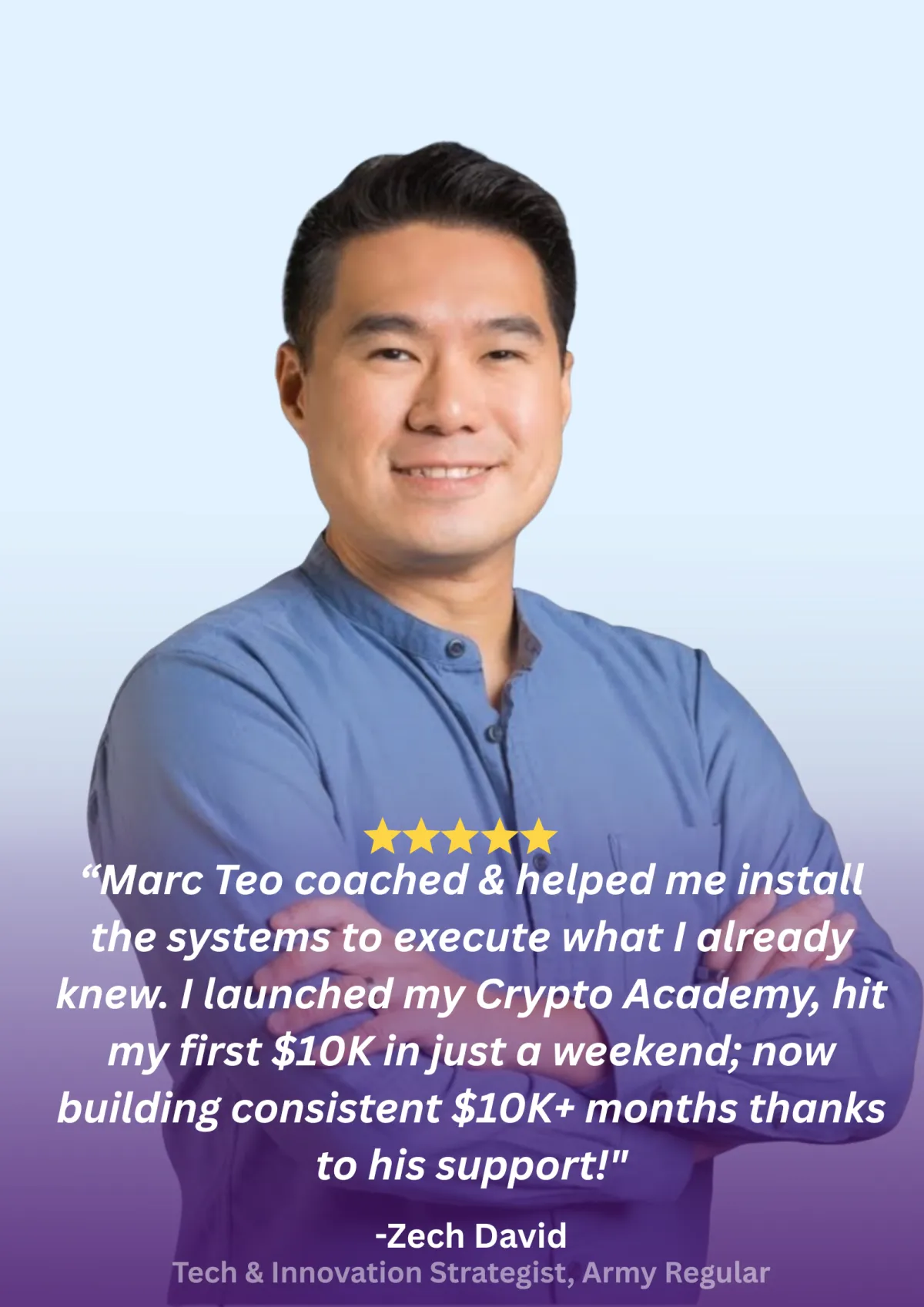 Client testimonial card with headshot, five star rating and pull quote