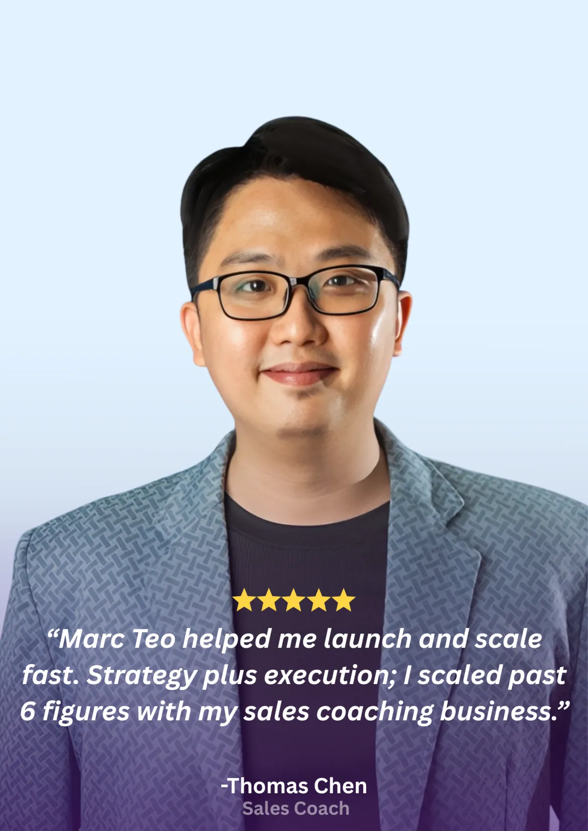 Client testimonial card with headshot, five star rating and pull quote